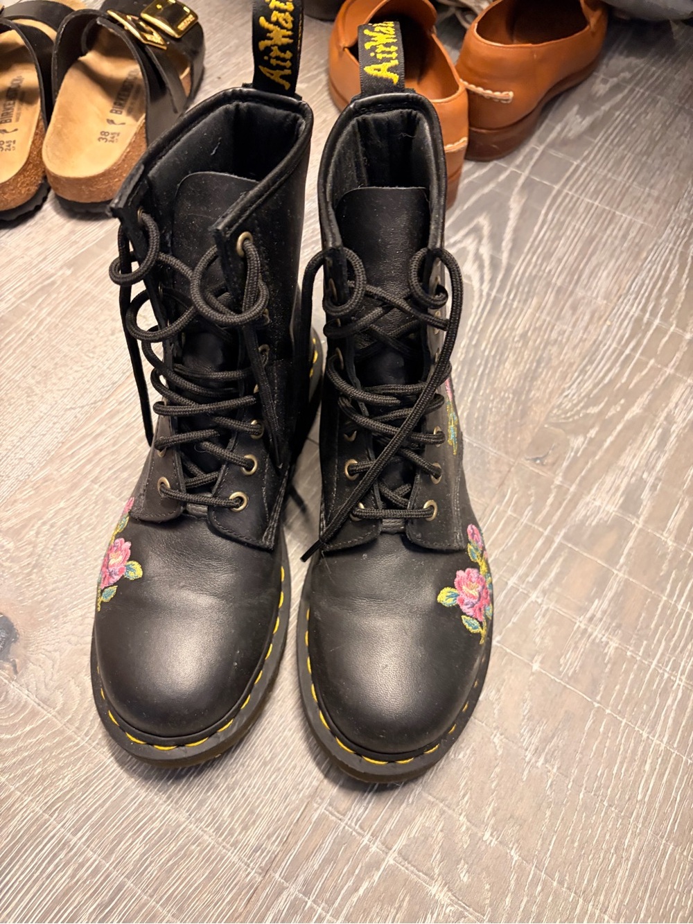 Dr. Martens Black Leather Combat Boots with Pink Floral Embroidery - Picture 2 of 7